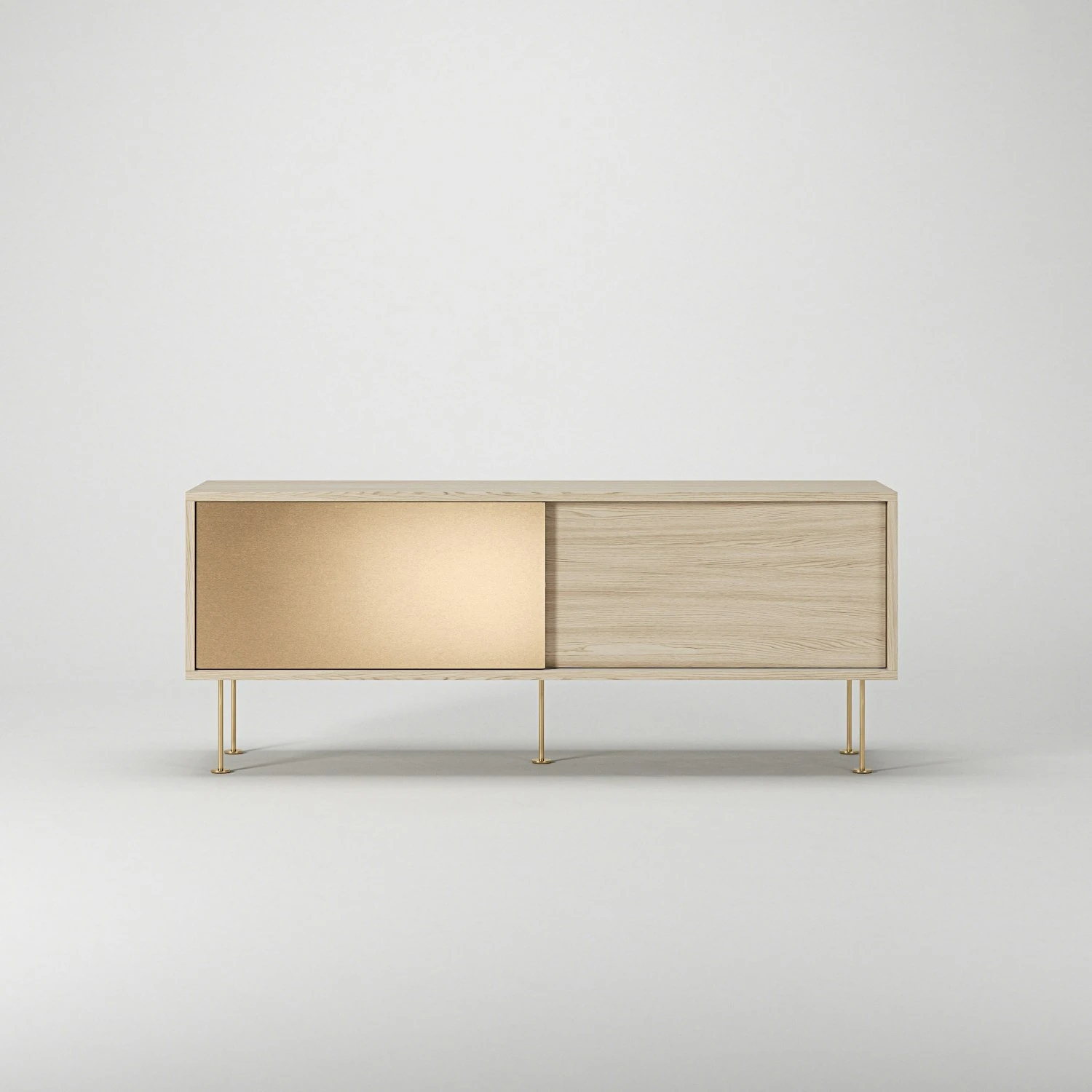 Vogue Sideboard 136 Cm, Messing-Schiebetüre & Weiße Eiche 4 Vogue Sideboard 136 Cm, Messing-Schiebetüre & Weiße Eiche – Bild 2