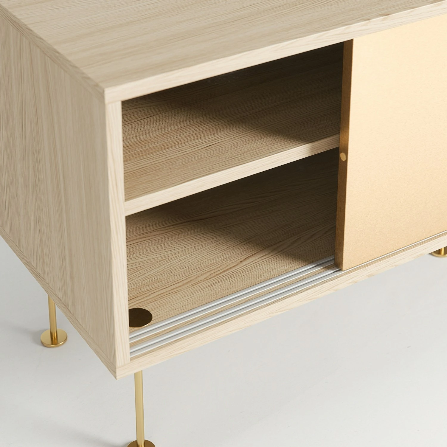 Vogue Sideboard 136 Cm, Messing-Schiebetüre & Weiße Eiche 6 Vogue Sideboard 136 Cm, Messing-Schiebetüre & Weiße Eiche – Bild 4