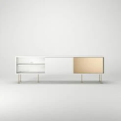 Vogue Lowboard 180 Cm, Weiß/2W1B/Messing -Möbelgeschäft decotique vogue lowboard 180 cm messingfarbene schiebetur messing beine 45