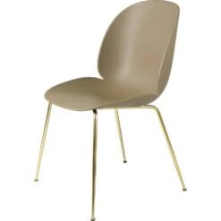 Gubi Beetle Dining Chair Un-upholstered, Conic Base Brass, Pebble Brown